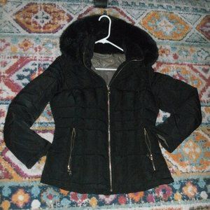 Black Faux Fur Hooded Puffer Jacket Coat 2 Degree Warmth Factor Repel size S
